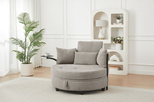 English Elm Khaki Round Sofa with Tufted Cushions Swivel Table and Built-In Storage Compartment W3985P519383