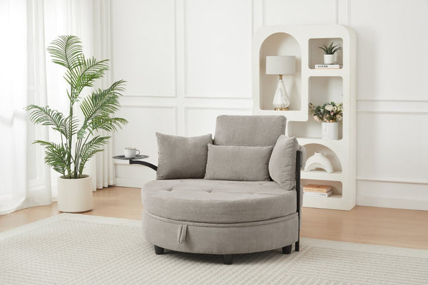 English Elm Khaki Round Sofa with Tufted Cushions Swivel Table and Built-In Storage Compartment W3985P519383