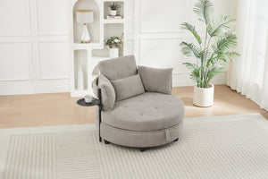 English Elm Khaki Round Sofa with Tufted Cushions Swivel Table and Built-In Storage Compartment W3985P519383
