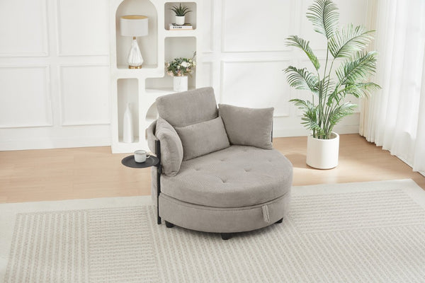 English Elm Khaki Round Sofa with Tufted Cushions Swivel Table and Built-In Storage Compartment W3985P519383