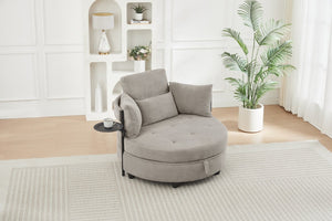 English Elm Khaki Round Sofa with Tufted Cushions Swivel Table and Built-In Storage Compartment W3985P519383