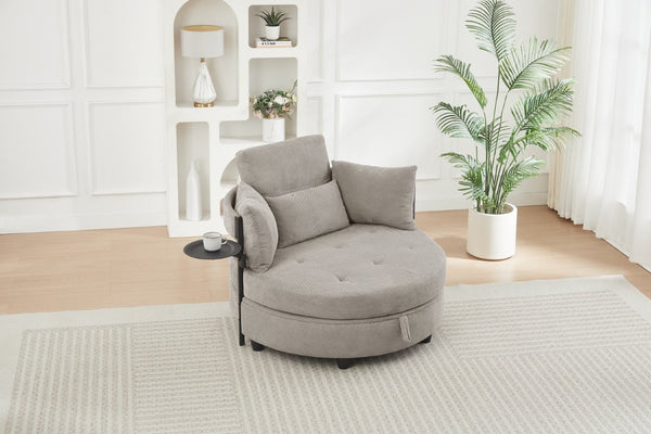 English Elm Khaki Round Sofa with Tufted Cushions Swivel Table and Built-In Storage Compartment W3985P519383