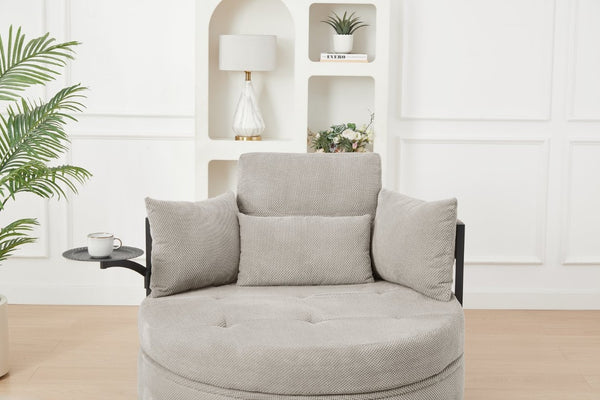 English Elm Khaki Round Sofa with Tufted Cushions Swivel Table and Built-In Storage Compartment W3985P519383
