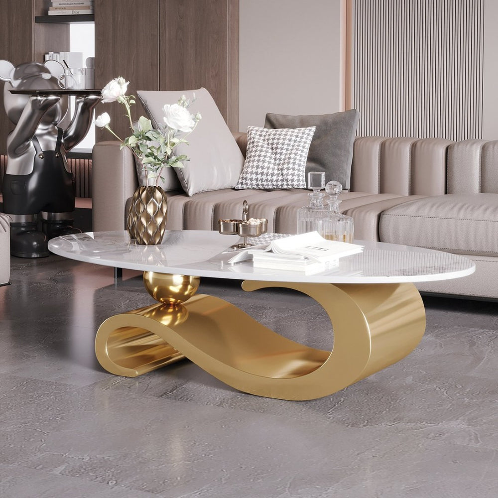 English Elm Gold Brushed Stainless Pedestal Coffee Table with Sintered Stone Marble Surface W3985S00025