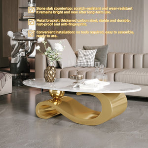 English Elm Gold Brushed Stainless Pedestal Coffee Table with Sintered Stone Marble Surface W3985S00025