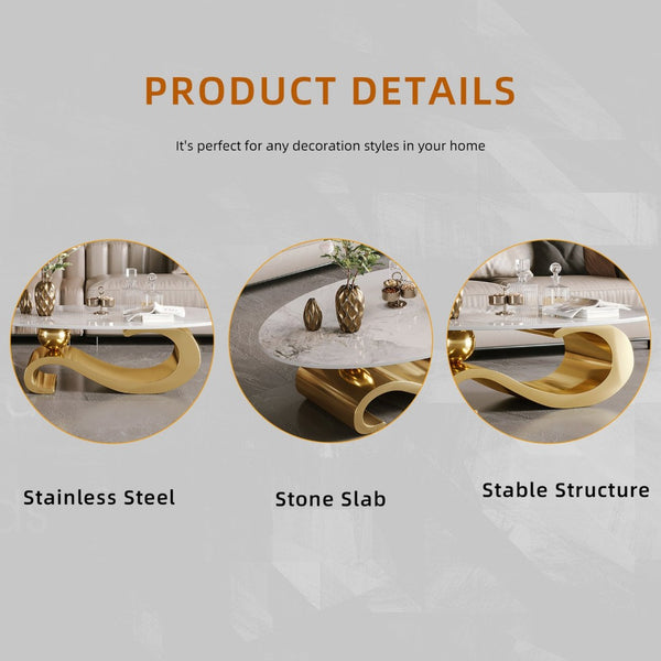 English Elm Gold Brushed Stainless Pedestal Coffee Table with Sintered Stone Marble Surface W3985S00025