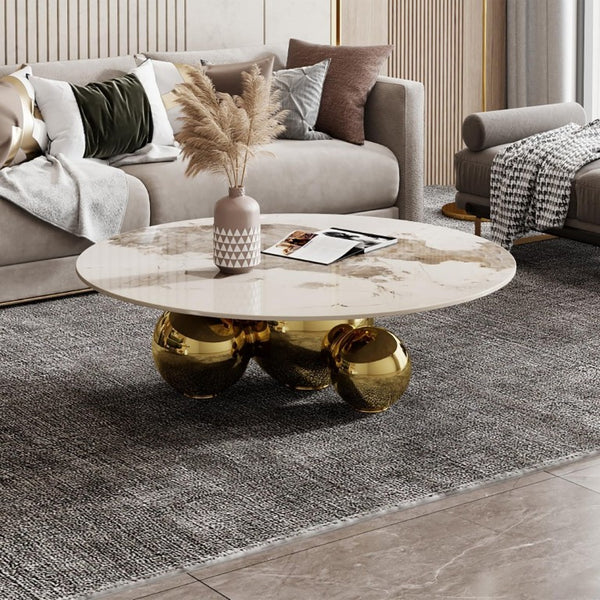 English Elm Gold Pedestal Round Coffee Table Sintered Stone Faux Marble Top Glam Living Room W3985S00031