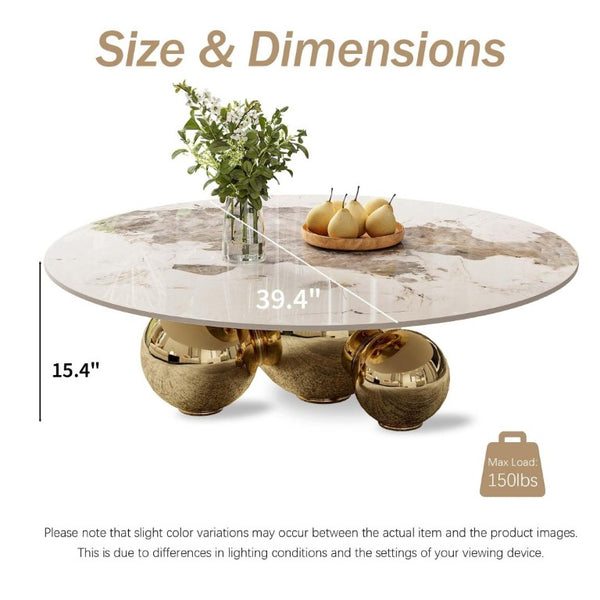 English Elm Gold Pedestal Round Coffee Table Sintered Stone Faux Marble Top Glam Living Room W3985S00031