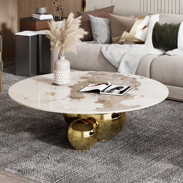 English Elm Gold Pedestal Round Coffee Table Sintered Stone Faux Marble Top Glam Living Room W3985S00031