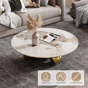 English Elm Gold Pedestal Round Coffee Table Sintered Stone Faux Marble Top Glam Living Room W3985S00031