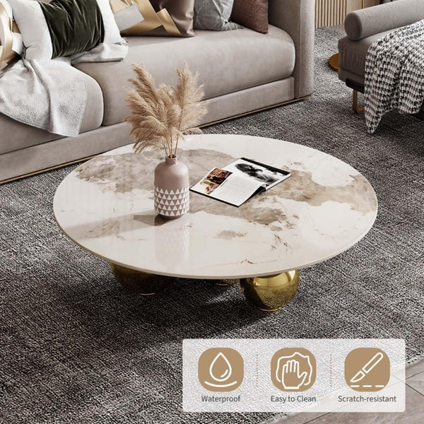 English Elm Gold Pedestal Round Coffee Table Sintered Stone Faux Marble Top Glam Living Room W3985S00031