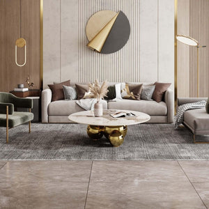 English Elm Gold Pedestal Round Coffee Table Sintered Stone Faux Marble Top Glam Living Room W3985S00031