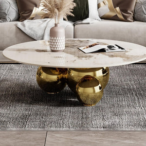 English Elm Gold Pedestal Round Coffee Table Sintered Stone Faux Marble Top Glam Living Room W3985S00031