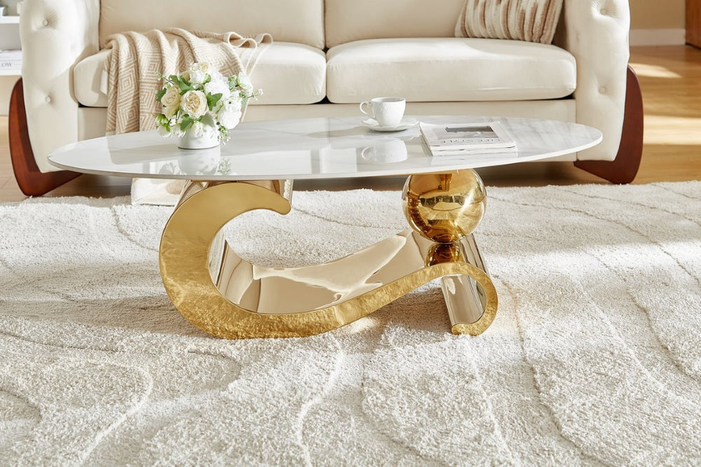 English Elm Gold Stainless Steel Pedestal Coffee Table with Sintered Stone Veined Glam Top W3985S00037