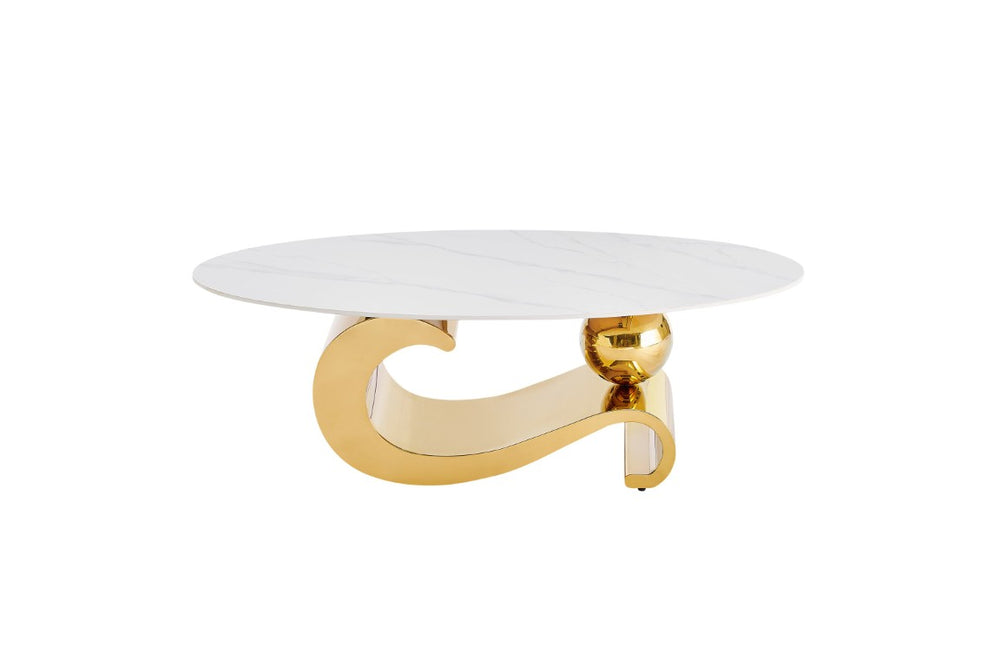 English Elm Gold Stainless Steel Pedestal Coffee Table with Sintered Stone Veined Glam Top W3985S00037