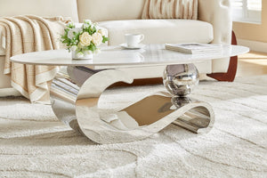 English Elm Silver Stainless Steel Pedestal Coffee Table Sintered Stone Top Modern Living Room W3985S00038