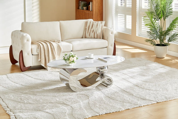 English Elm Silver Stainless Steel Pedestal Coffee Table Sintered Stone Top Modern Living Room W3985S00038