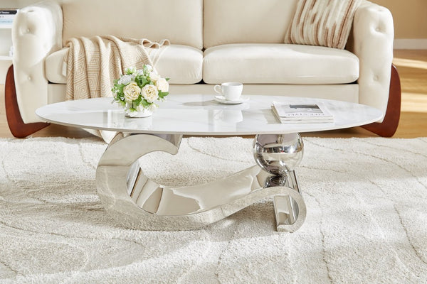 English Elm Silver Stainless Steel Pedestal Coffee Table Sintered Stone Top Modern Living Room W3985S00038