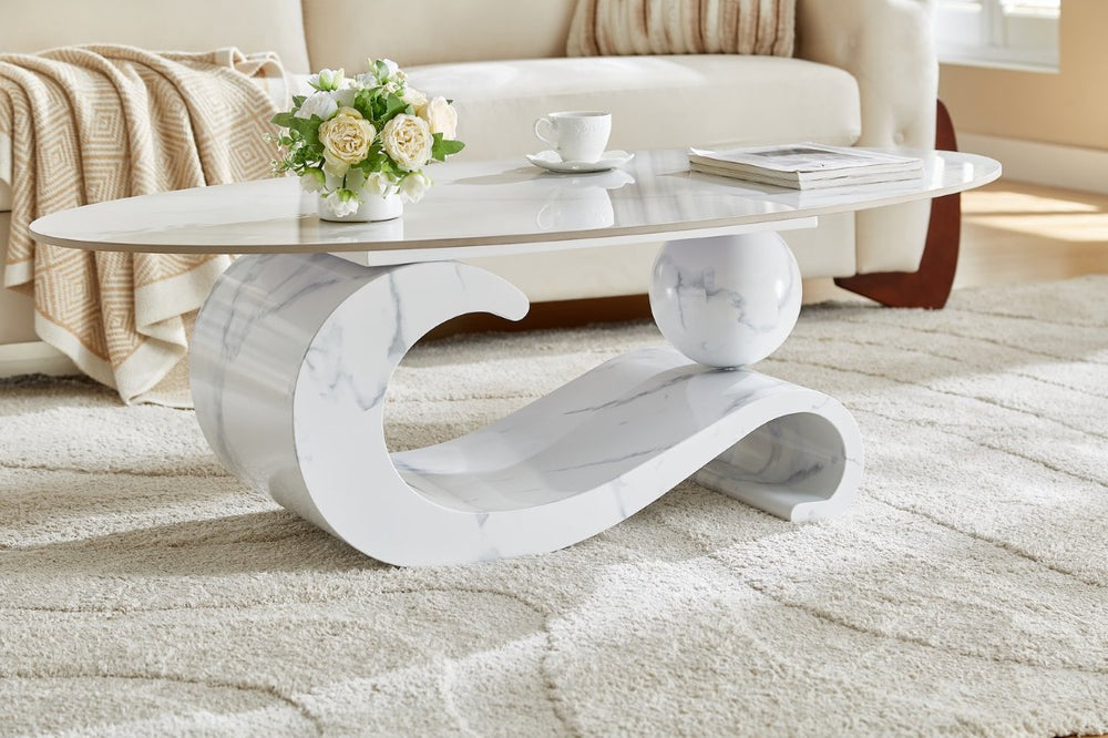 English Elm White Sintered Stone Top Coffee Table with Sculptural Metal Pedestal for Modern Living Rooms W3985S00039