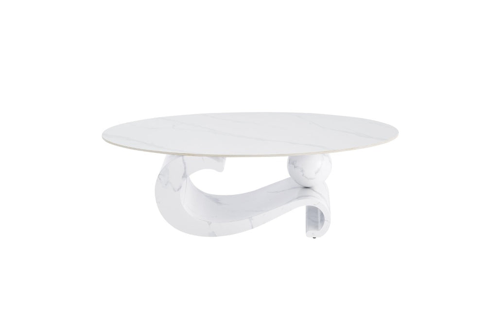 English Elm White Sintered Stone Top Coffee Table with Sculptural Metal Pedestal for Modern Living Rooms W3985S00039
