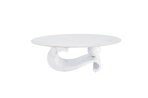 English Elm White Sintered Stone Top Coffee Table with Sculptural Metal Pedestal for Modern Living Rooms W3985S00039