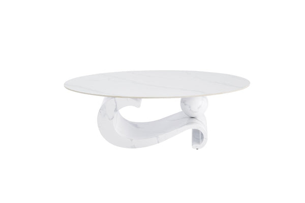 English Elm White Sintered Stone Top Coffee Table with Sculptural Metal Pedestal for Modern Living Rooms W3985S00039
