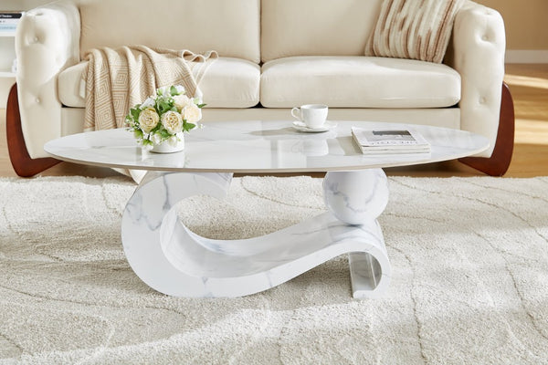 English Elm White Sintered Stone Top Coffee Table with Sculptural Metal Pedestal for Modern Living Rooms W3985S00039