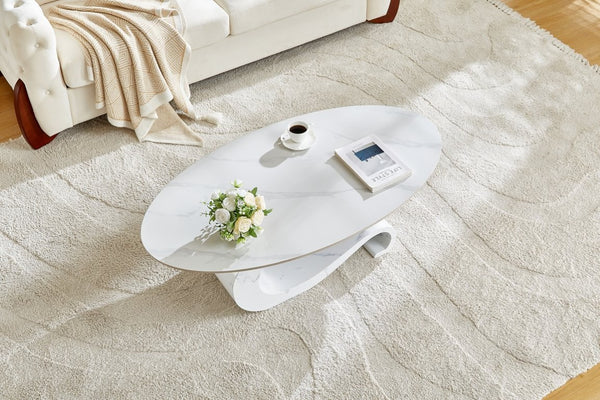 English Elm White Sintered Stone Top Coffee Table with Sculptural Metal Pedestal for Modern Living Rooms W3985S00039