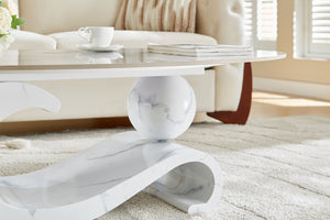 English Elm White Sintered Stone Top Coffee Table with Sculptural Metal Pedestal for Modern Living Rooms W3985S00039
