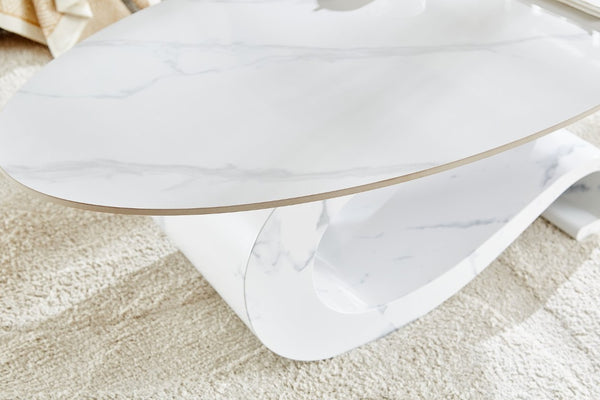 English Elm White Sintered Stone Top Coffee Table with Sculptural Metal Pedestal for Modern Living Rooms W3985S00039