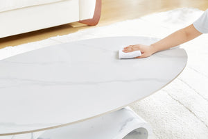 English Elm White Sintered Stone Top Coffee Table with Sculptural Metal Pedestal for Modern Living Rooms W3985S00039