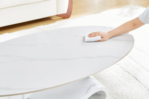 English Elm White Sintered Stone Top Coffee Table with Sculptural Metal Pedestal for Modern Living Rooms W3985S00039