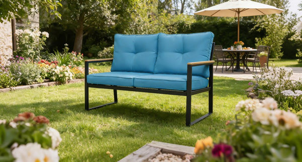 English Elm Outdoor Steel Frame Loveseat Sofa with Thick Cushions for Porch Balcony Patio W3990P466772