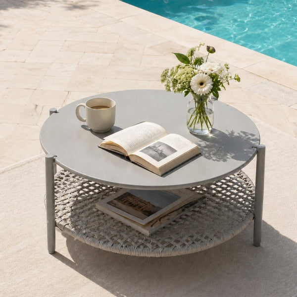 English Elm Modern Round Outdoor Coffee Table Steel Top PE Wicker Shelf Patio Lounge Accent W3990P495052