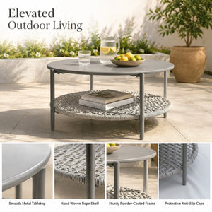 English Elm Modern Round Outdoor Coffee Table Steel Top PE Wicker Shelf Patio Lounge Accent W3990P495052