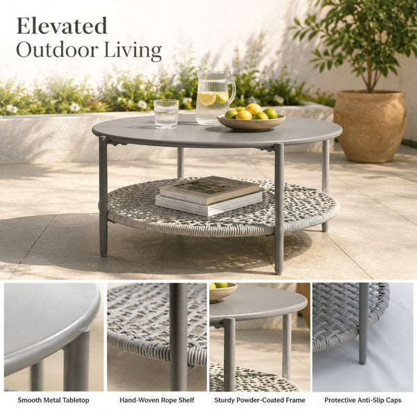 English Elm Modern Round Outdoor Coffee Table Steel Top PE Wicker Shelf Patio Lounge Accent W3990P495052