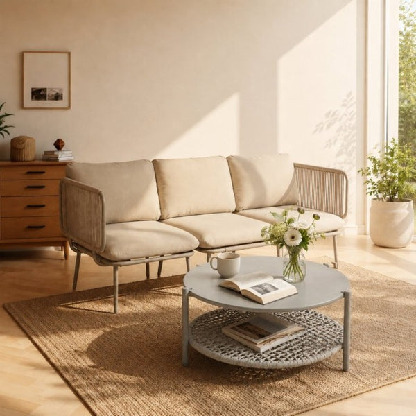 English Elm Modern Round Outdoor Coffee Table Steel Top PE Wicker Shelf Patio Lounge Accent W3990P495052