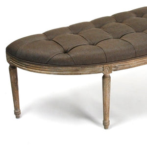 Zentique Louis Curve Bench — Elegant curved oak frame with padded linen seat for entryway, bedroom, or living room seating craftsmanship Limed Grey Oak, Aubergine Linen W3 CFH208 E272 A008