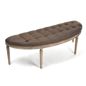 Zentique Louis Curve Bench — Elegant curved oak frame with padded linen seat for entryway, bedroom, or living room seating craftsmanship Limed Grey Oak, Aubergine Linen W3 CFH208 E272 A008