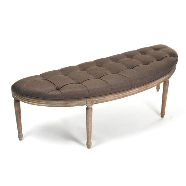 Zentique Louis Curve Bench — Elegant curved oak frame with padded linen seat for entryway, bedroom, or living room seating craftsmanship Limed Grey Oak, Aubergine Linen W3 CFH208 E272 A008