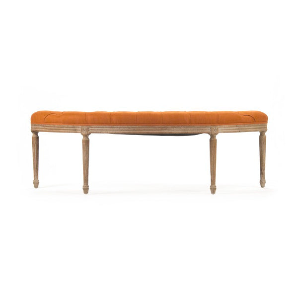 Zentique Louis Curve Bench — Elegant curved oak frame with padded linen seat for entryway, bedroom, or living room seating craftsmanship Limed Grey Oak, Orange Linen W3 CFH208 E272 S
