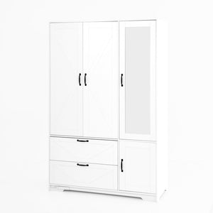 English Elm W409s00004 Four Door Wardrobe with Built in Mirror Black Metal Handles Bedroom Storage White - A W409P262071