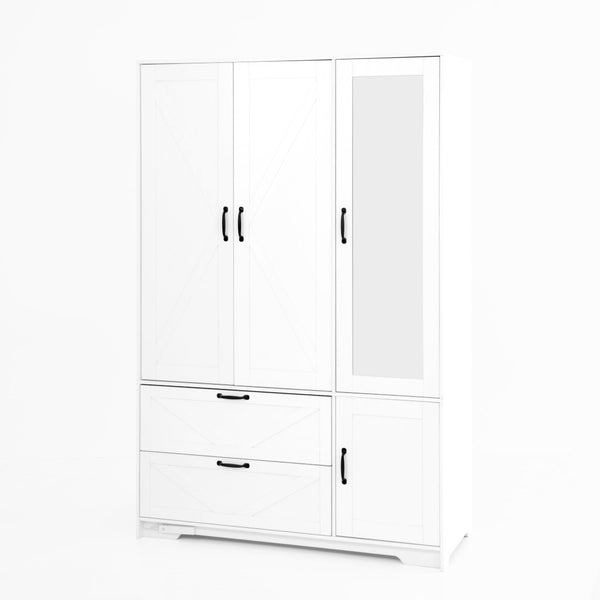 English Elm W409s00004 Four Door Wardrobe with Built in Mirror Black Metal Handles Bedroom Storage White - A W409P262071