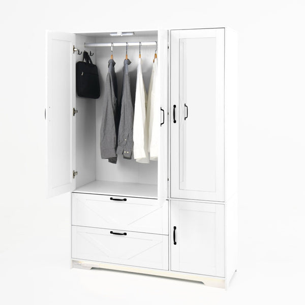English Elm W409s00004 Four Door Wardrobe with Built in Mirror Black Metal Handles Bedroom Storage White - A W409P262071