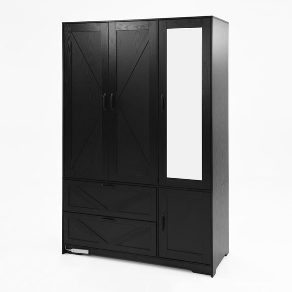 English Elm W409s00005 4-door Wardrobe Armoire with Built-in Mirror and Matte Black Handles W409P262159