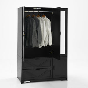 English Elm W409s00005 4-door Wardrobe Armoire with Built-in Mirror and Matte Black Handles W409P262159