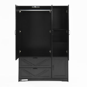 English Elm W409s00005 4-door Wardrobe Armoire with Built-in Mirror and Matte Black Handles W409P262159