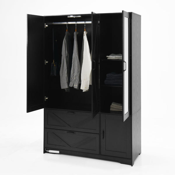English Elm W409s00005 4-door Wardrobe Armoire with Built-in Mirror and Matte Black Handles W409P262159