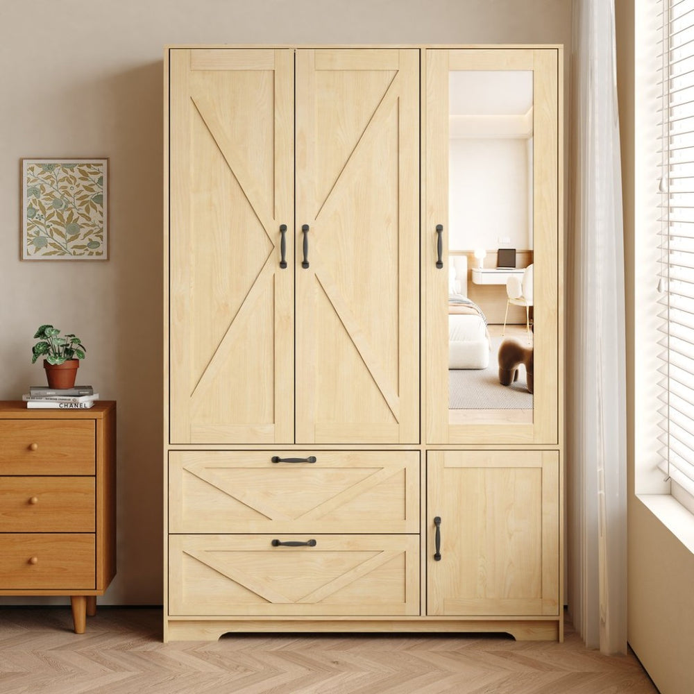 English Elm W409s00006 Mirrored Wardrobe Armoire with Black Metal Handles and Two Bottom Drawers W409P262162