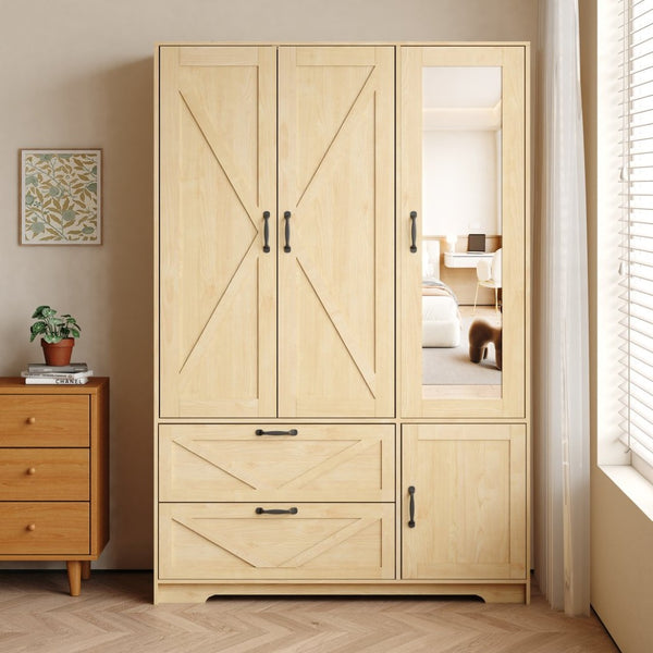 English Elm W409s00006 Mirrored Wardrobe Armoire with Black Metal Handles and Two Bottom Drawers W409P262162